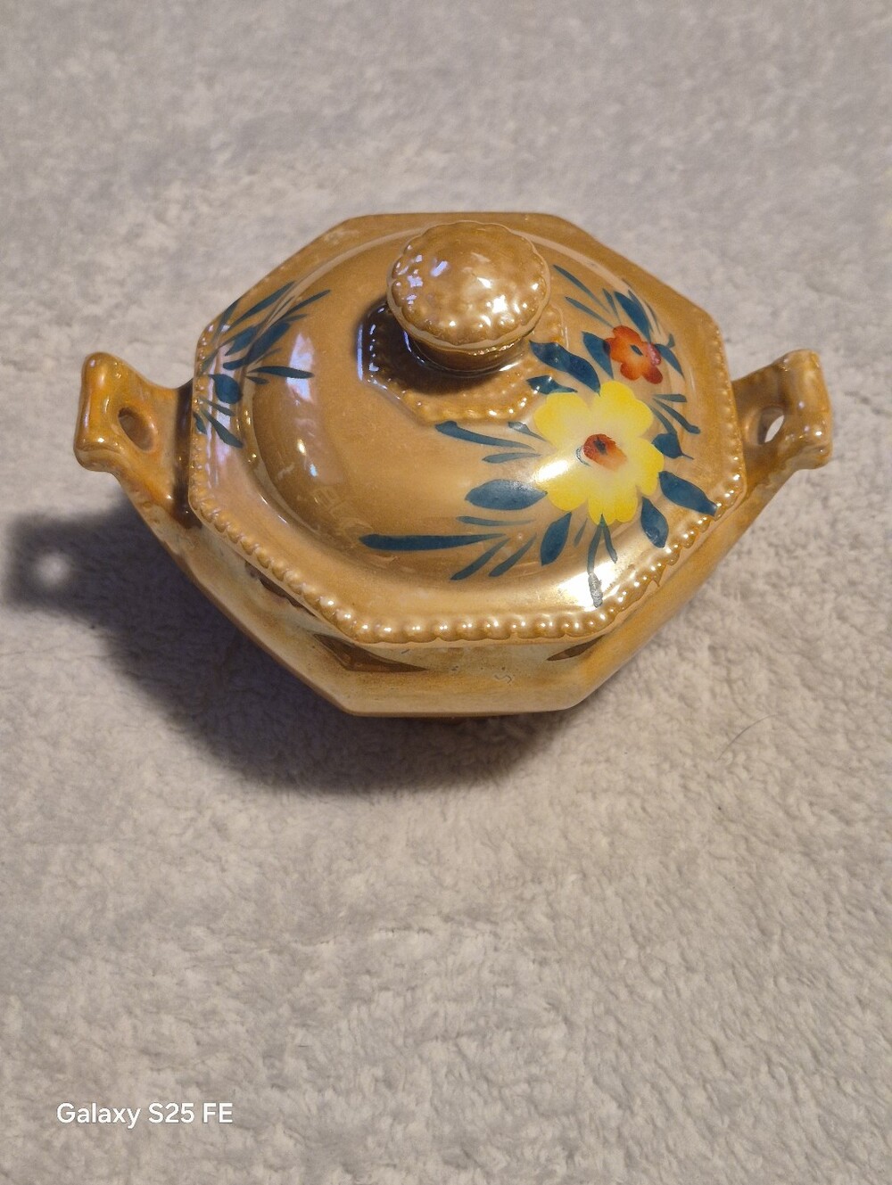 Vintage Japanese Lusterware Hand Painted Floral Sugar Bowl Lid Art Deco 1920s